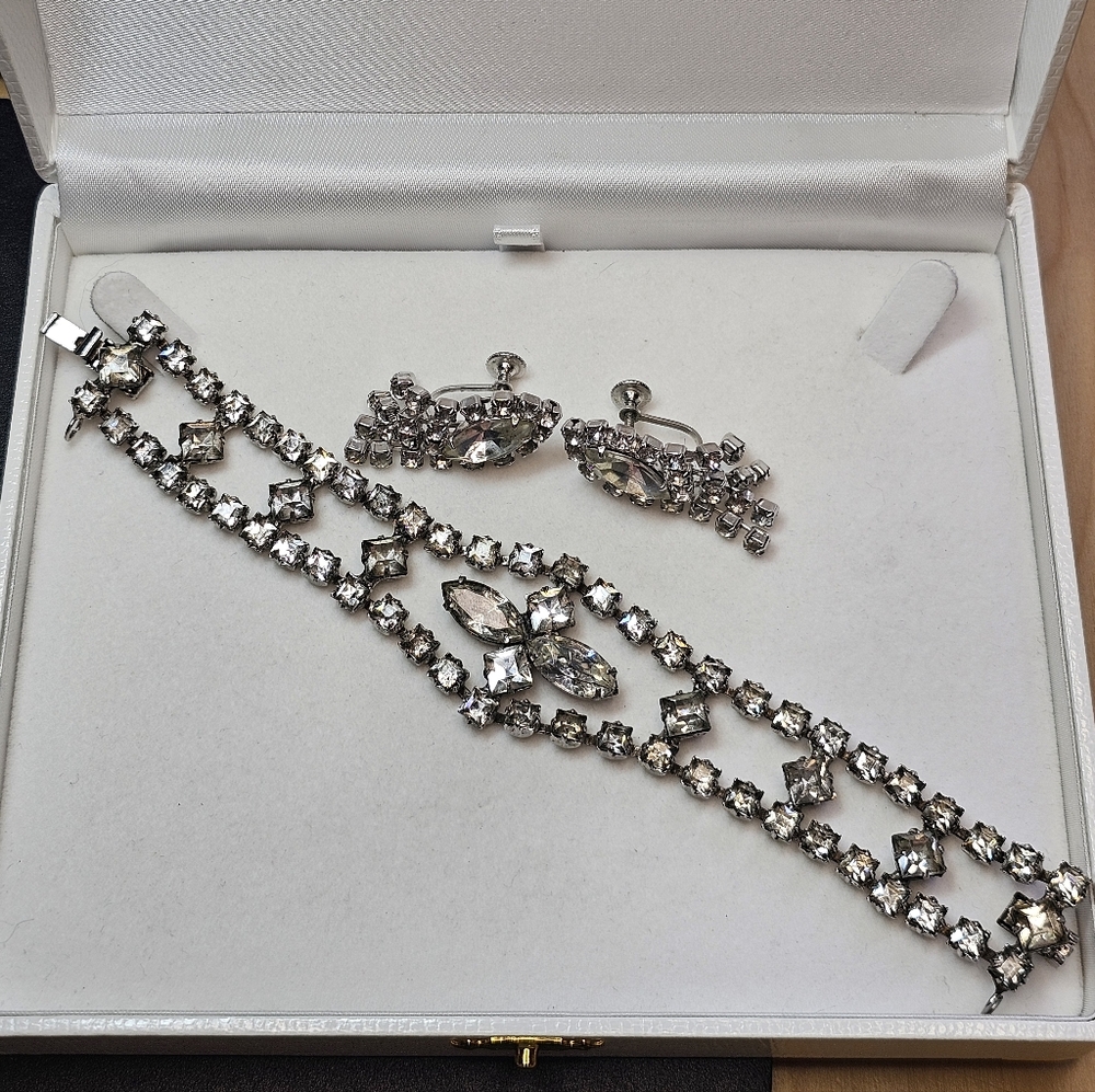 Vintage Silver Crystal Bracelet and Screw Back Continental Earrings